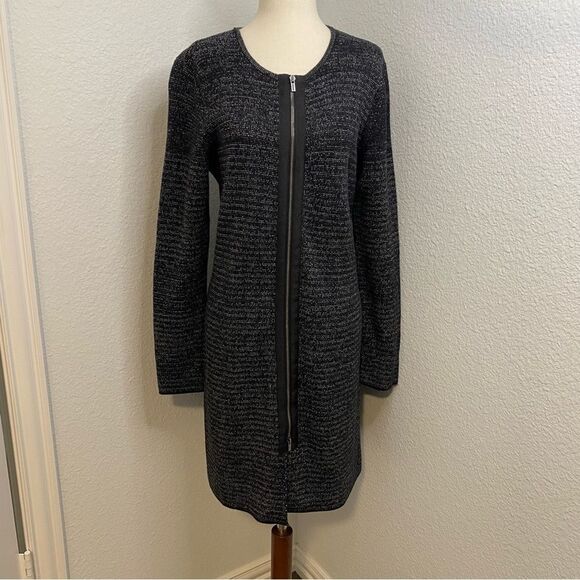 NWOT Talbots Black White Double Front Zip Front Long Jacket Dress Sweater SZ M - Picture 1 of 9